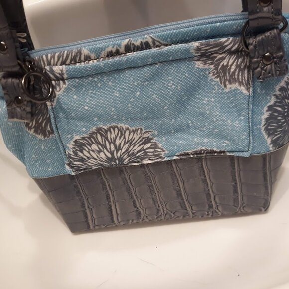 New Vinyl Double handle Shoulder Satchel Bag Purse Blue Gray Dandelion Floral - Picture 10 of 14